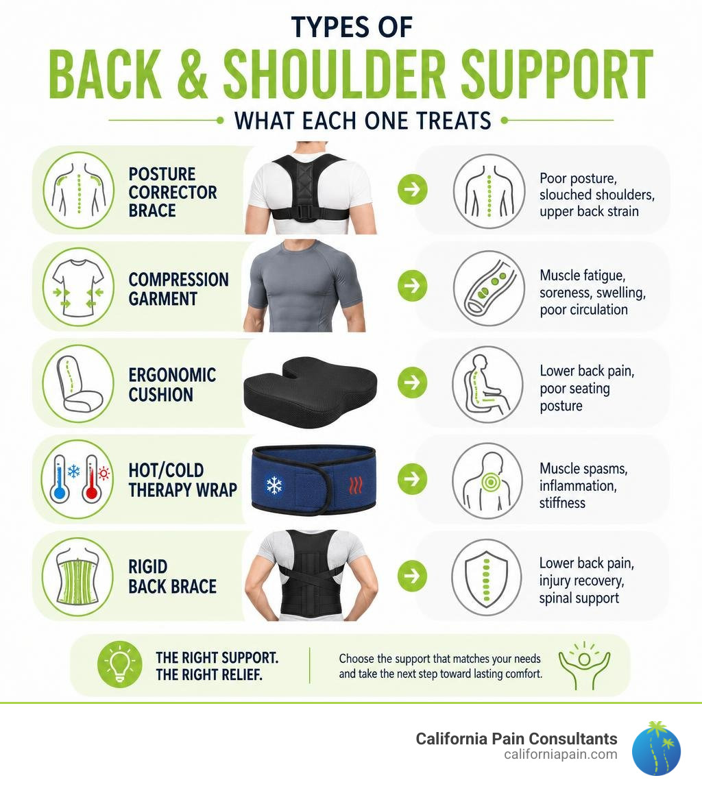 infographic showing types of back and shoulder support products and what each one treats infographic