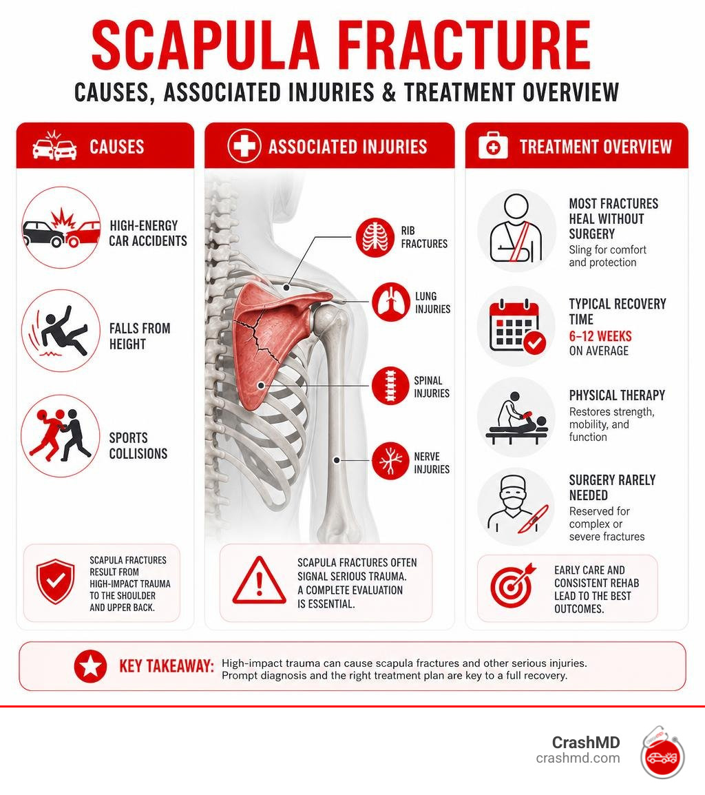Scapula fracture causes, associated injuries, and treatment overview infographic infographic