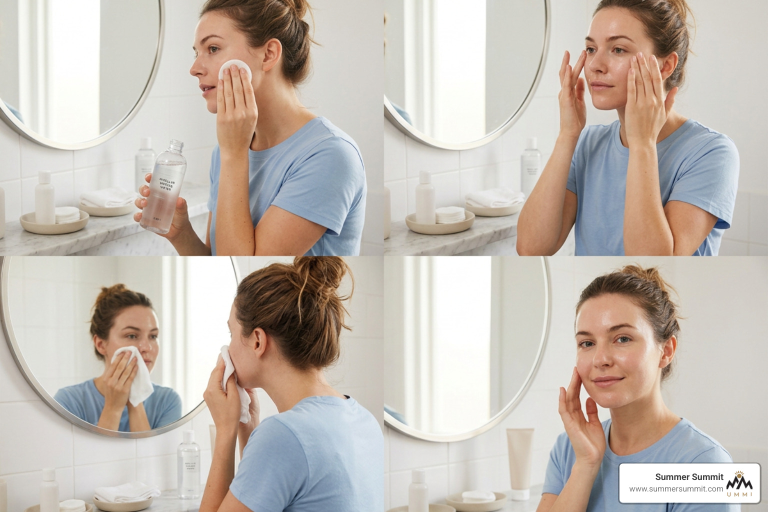Step-by-step skincare application of micellar peeling water Step-by-step skincare application of micellar peeling water
