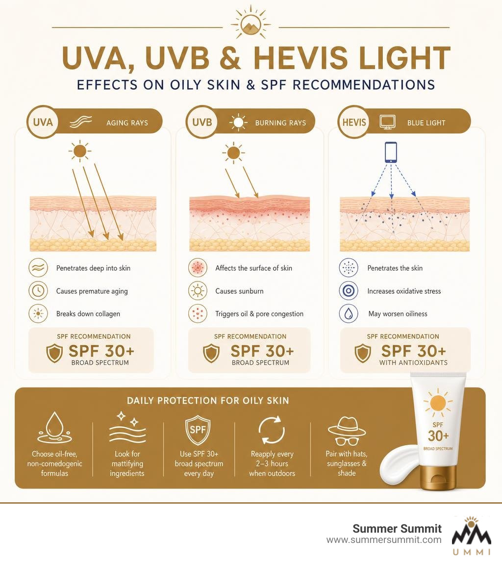 Infographic comparing UVA, UVB, and HEVIS light effects on oily skin with SPF recommendations infographic Infographic comparing UVA, UVB, and HEVIS light effects on oily skin with SPF recommendations infographic