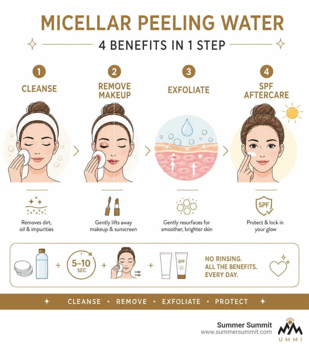 Micellar peeling water benefits infographic showing cleansing, makeup removal, exfoliation, and SPF aftercare steps Micellar peeling water benefits infographic showing cleansing, makeup removal, exfoliation, and SPF aftercare steps