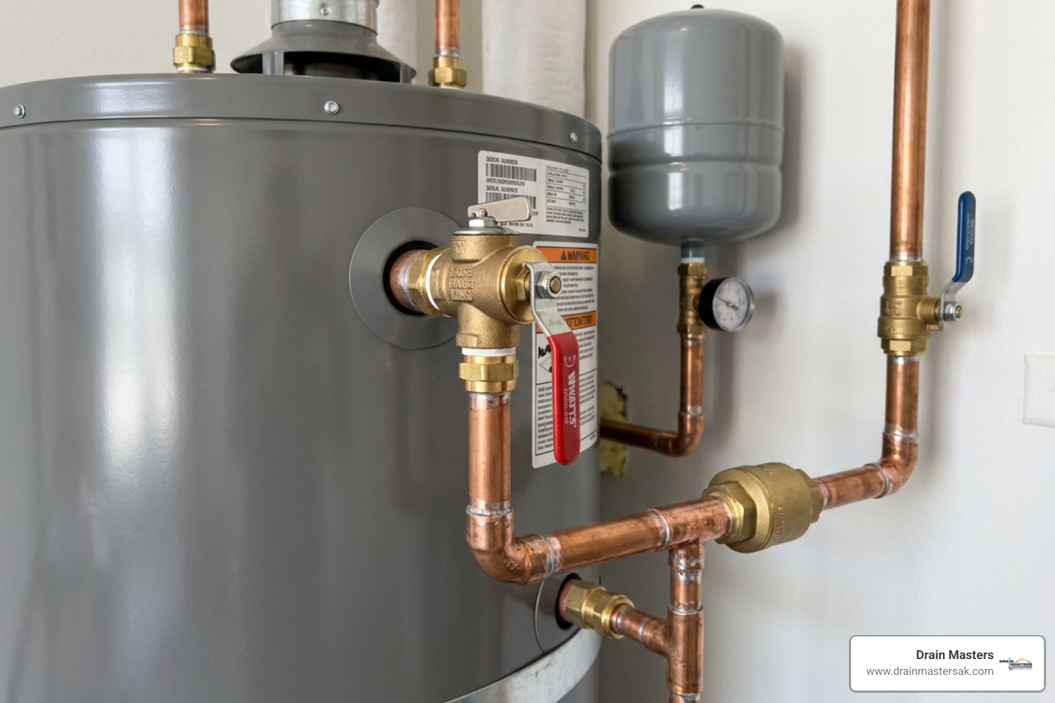 Close-up of safety valves, pressure relief valve, and copper piping connections on a high-efficiency water heater