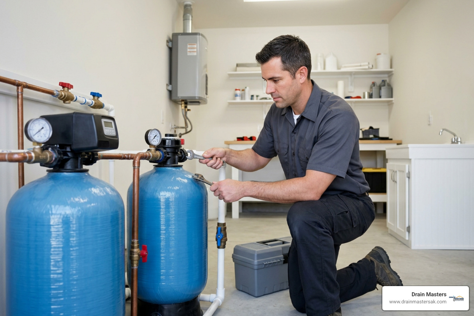 professional plumbing technician servicing a central water filtration system in a home professional plumbing technician servicing a central water filtration system in a home