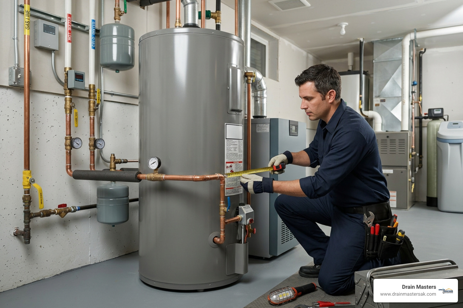 Plumbing technician checking the sizing and piping connections on a newly installed indirect water heater tank