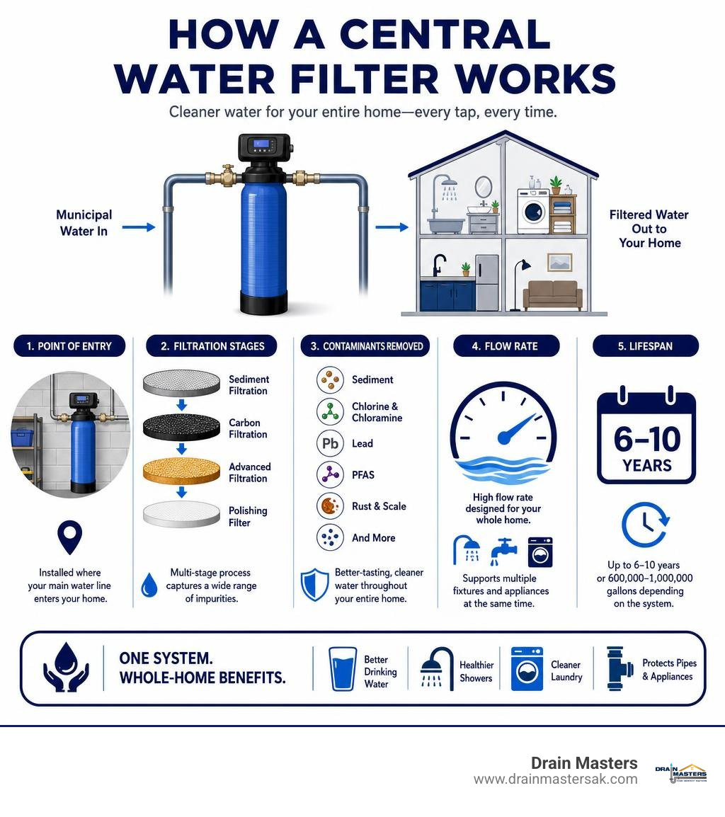 How a central water filter works - point of entry, filtration stages, contaminants removed, flow rate, lifespan infographic How a central water filter works - point of entry, filtration stages, contaminants removed, flow rate, lifespan infographic
