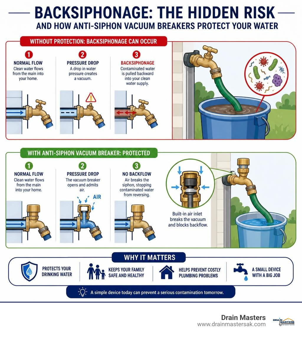 Infographic explaining backsiphonage and how anti-siphon vacuum breakers protect potable water infographic