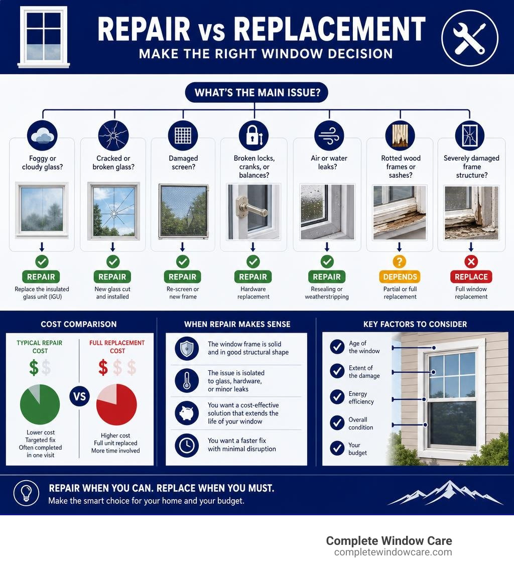 Window repair vs replacement decision process infographic with costs, scenarios, and key factors infographic Window repair vs replacement decision process infographic with costs, scenarios, and key factors infographic