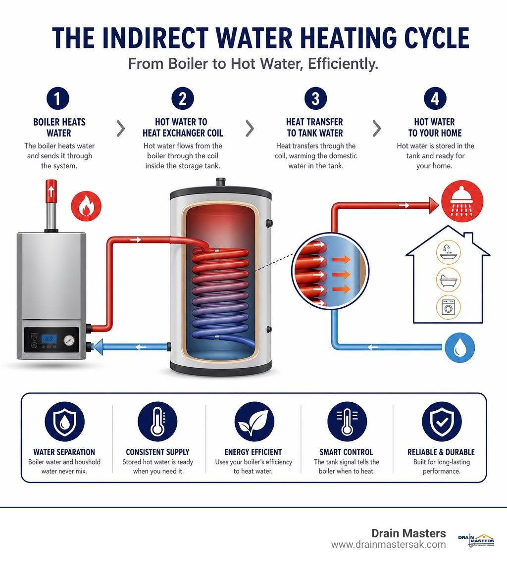 Infographic showing the indirect water heating cycle from boiler through heat exchanger coil to storage tank and hot water