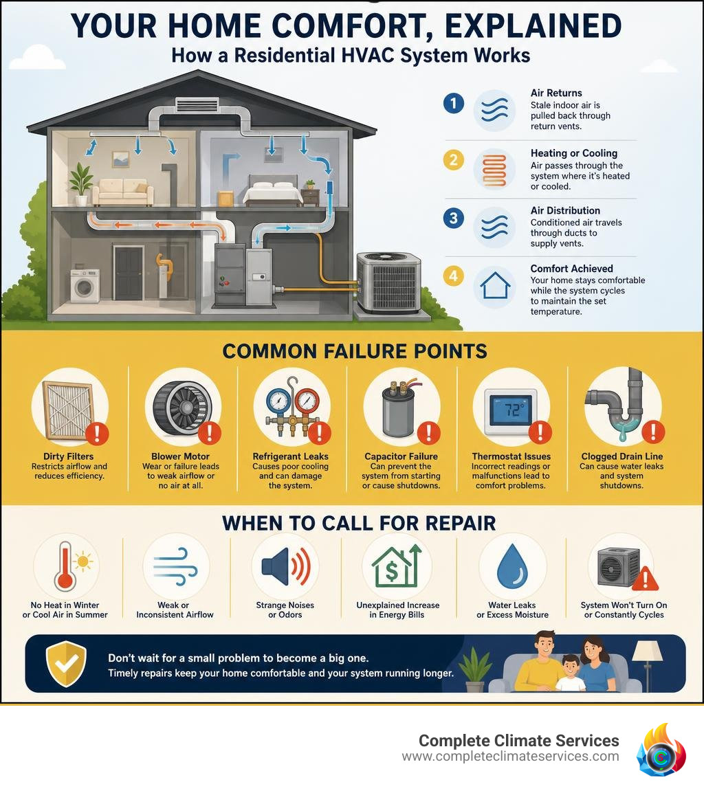 Infographic showing how a residential HVAC system works, common failure points, and when to call for repair infographic Infographic showing how a residential HVAC system works, common failure points, and when to call for repair infographic