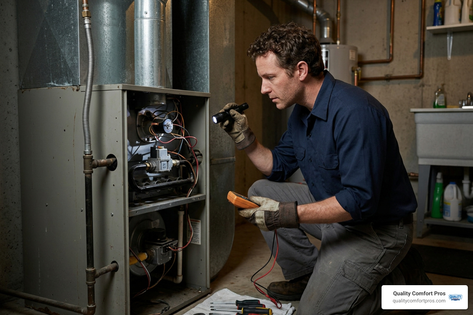 HVAC technician inspecting a gas furnace in a utility room