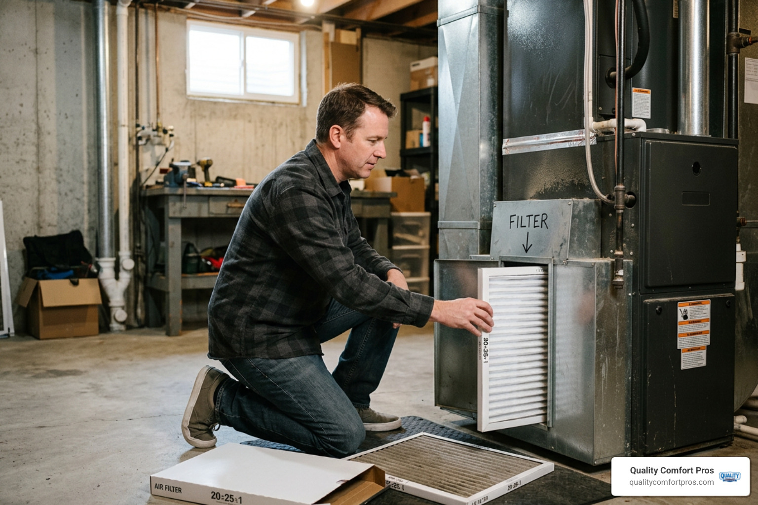 homeowner replacing an air filter in a basement furnace