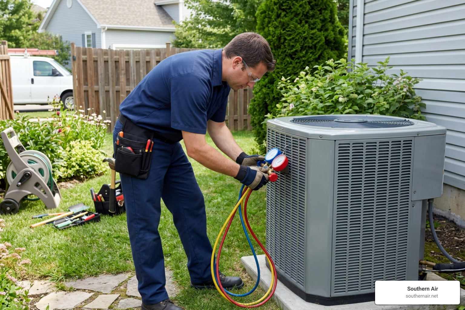 HVAC technician checking refrigerant levels with gauges on an outdoor unit HVAC technician checking refrigerant levels with gauges on an outdoor unit