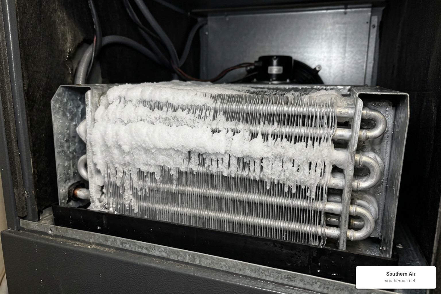 frozen evaporator coil showing ice buildup inside an air handler unit frozen evaporator coil showing ice buildup inside an air handler unit