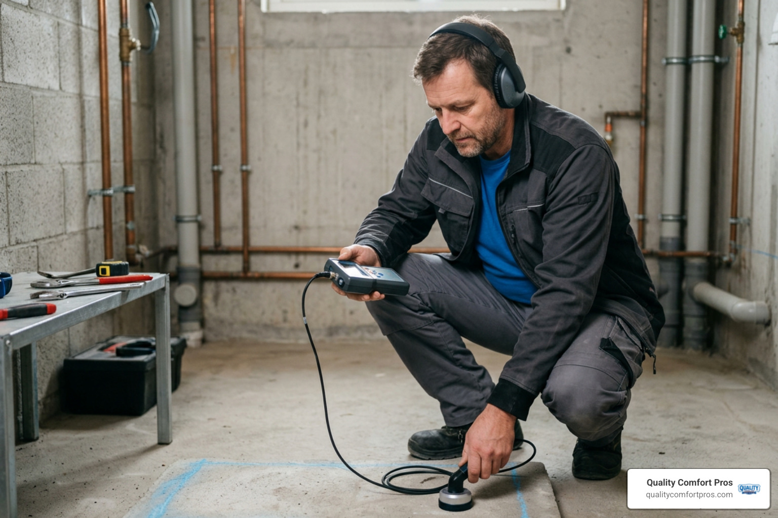 professional plumber using acoustic leak detection equipment on concrete slab