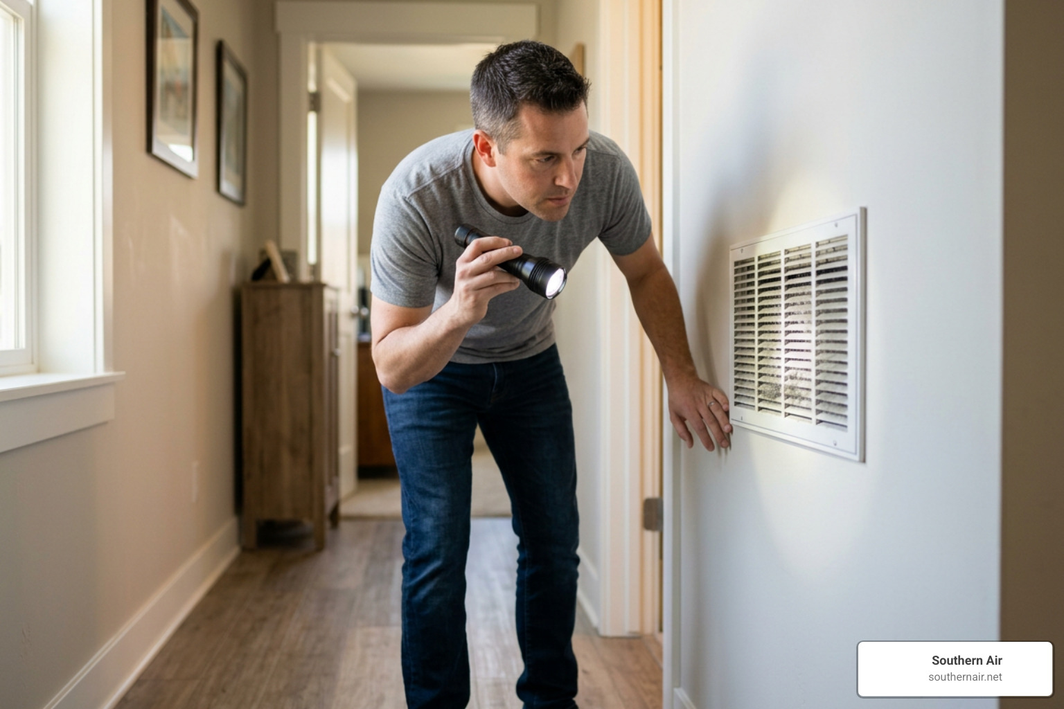 Homeowner inspecting a dusty HVAC vent with a flashlight Homeowner inspecting a dusty HVAC vent with a flashlight