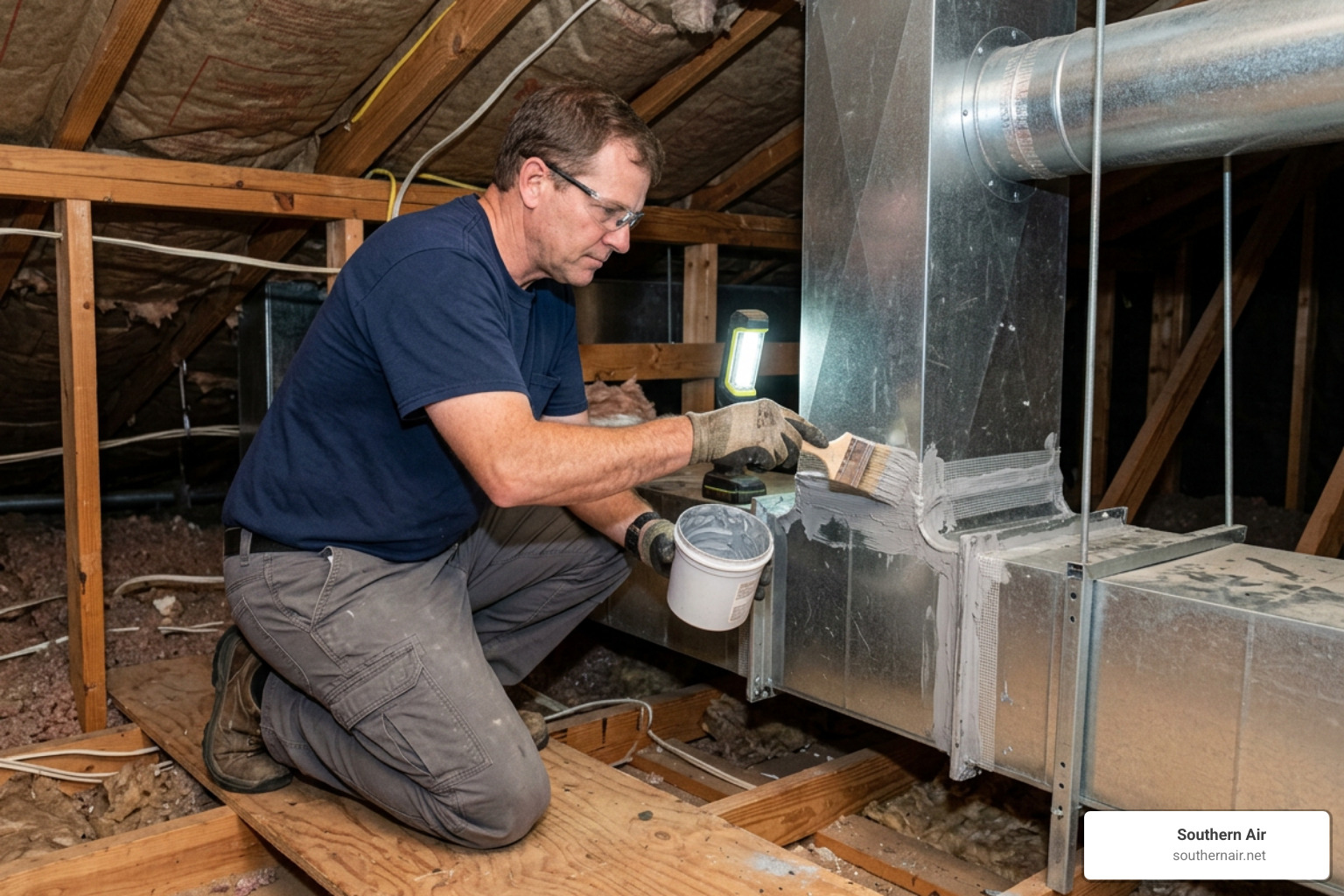 HVAC technician applying mastic sealant to a metal duct joint in an attic HVAC technician applying mastic sealant to a metal duct joint in an attic
