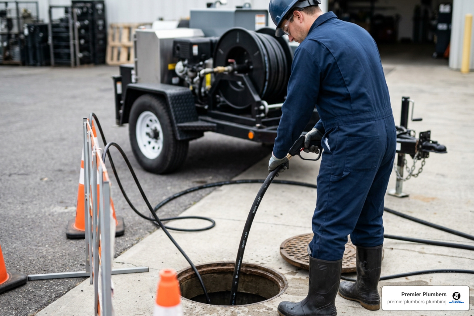 plumber operating a hydro jetter safely with protective gear