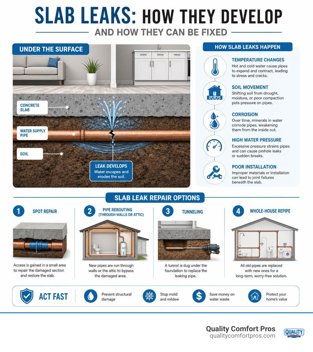 Infographic explaining how slab leaks develop under concrete foundations and repair options infographic