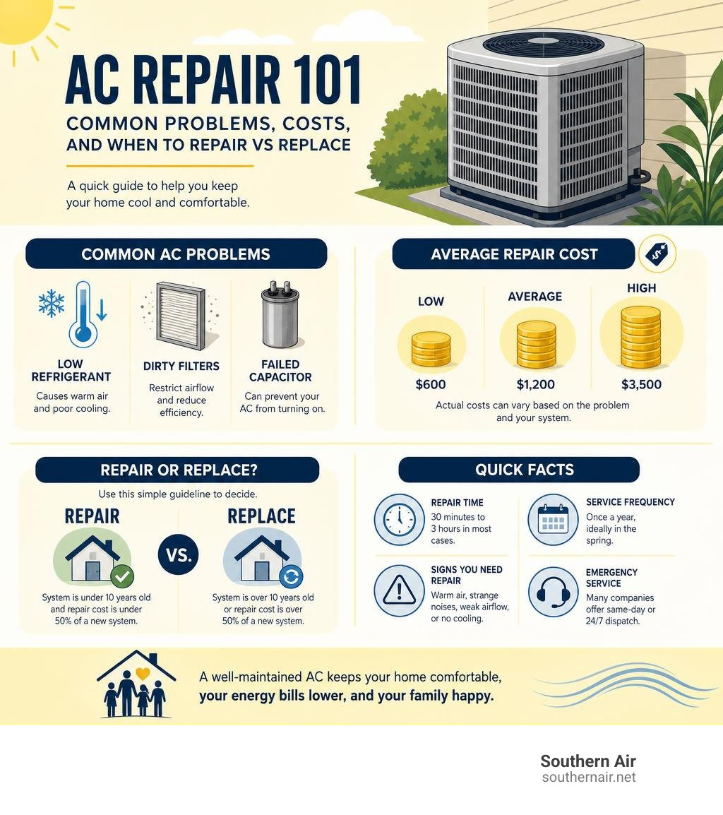 Infographic explaining common AC problems, repair costs, and when to repair vs replace a central air conditioning system Infographic explaining common AC problems, repair costs, and when to repair vs replace a central air conditioning system