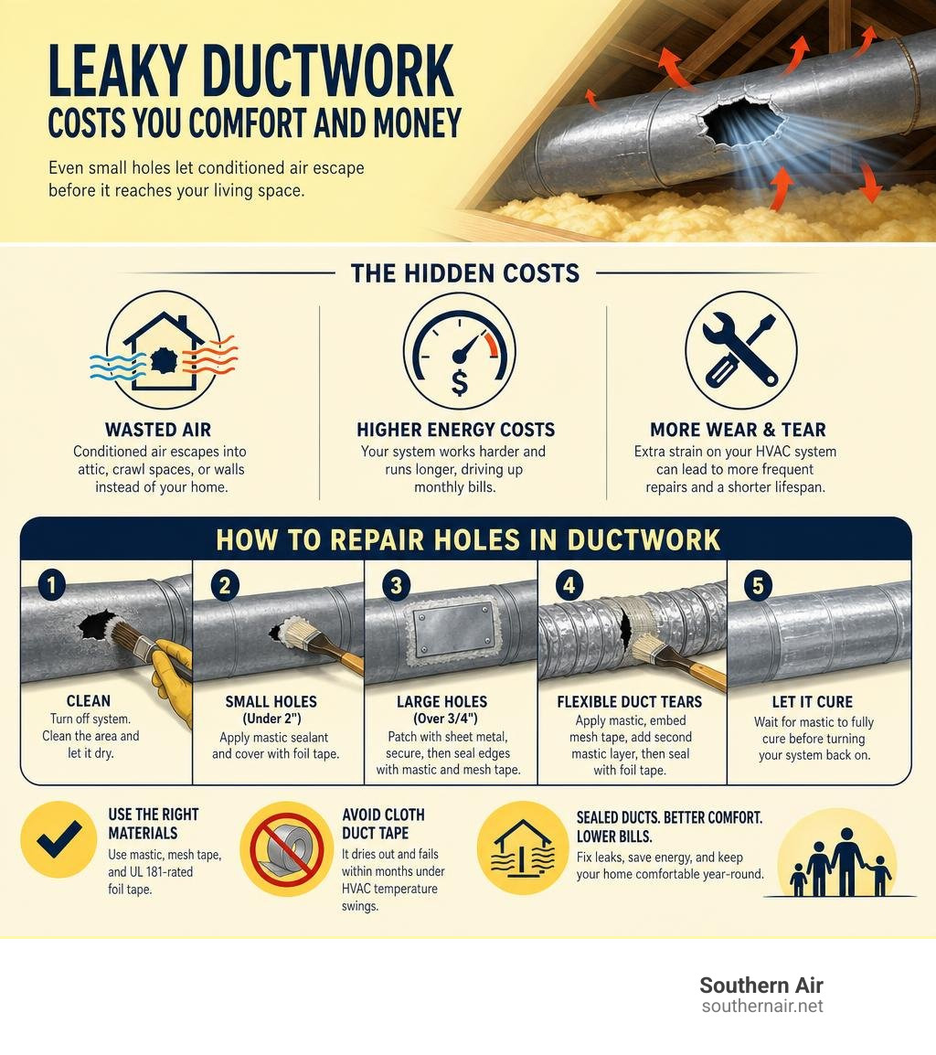 Infographic showing how leaky ductwork wastes conditioned air, energy costs, and repair method overview infographic Infographic showing how leaky ductwork wastes conditioned air, energy costs, and repair method overview infographic