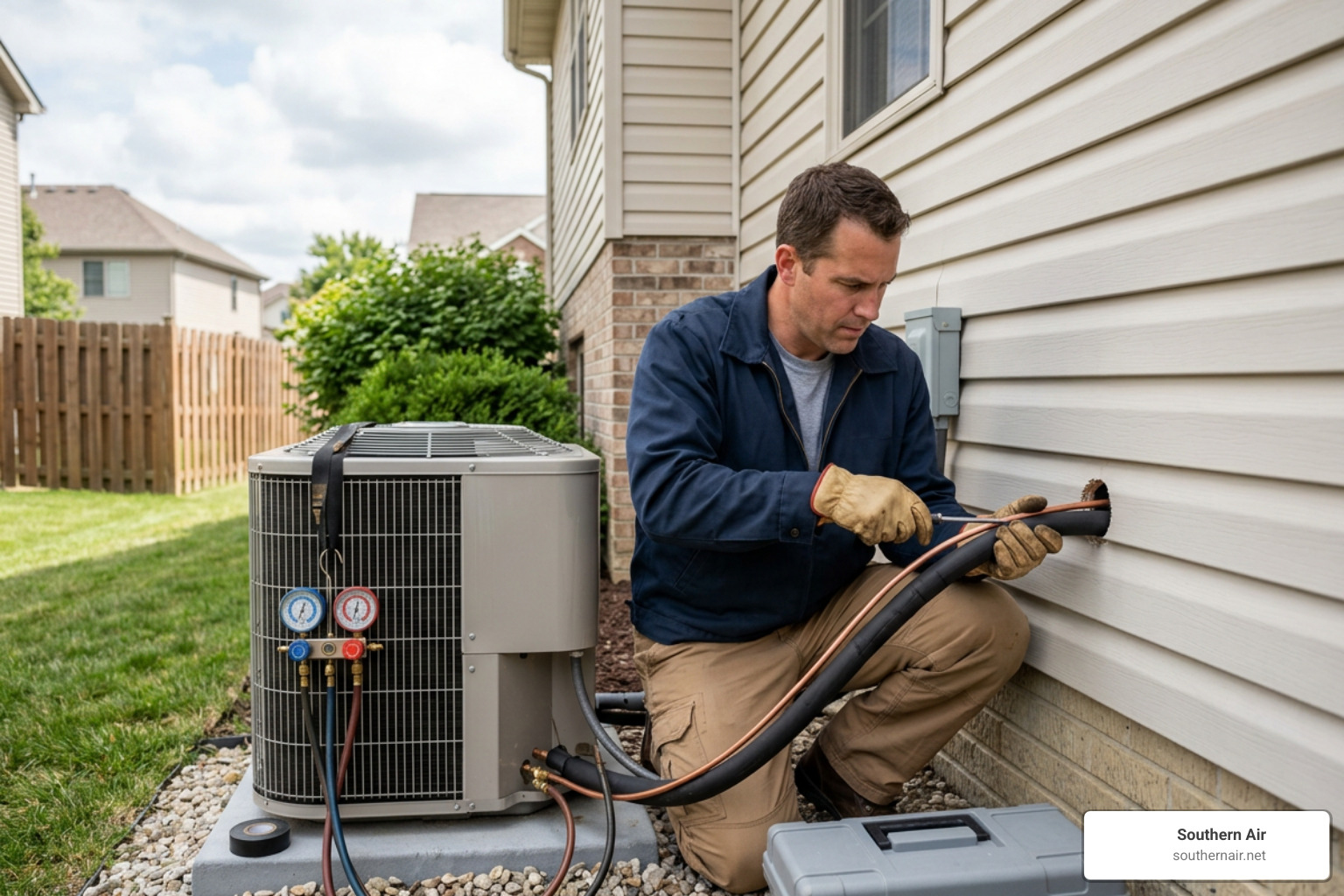 an HVAC technician running refrigerant lines through an exterior wall an HVAC technician running refrigerant lines through an exterior wall