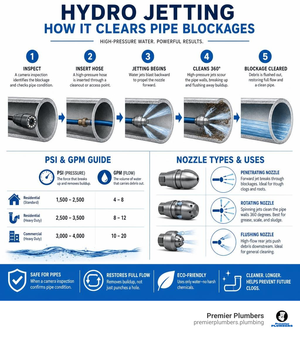 infographic showing how hydro jetting clears pipe blockages step by step with PSI GPM and nozzle types infographic