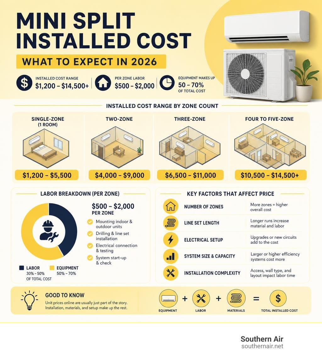 Mini split installed cost infographic showing cost ranges by zone count, labor breakdown, and key pricing factors infographic Mini split installed cost infographic showing cost ranges by zone count, labor breakdown, and key pricing factors infographic