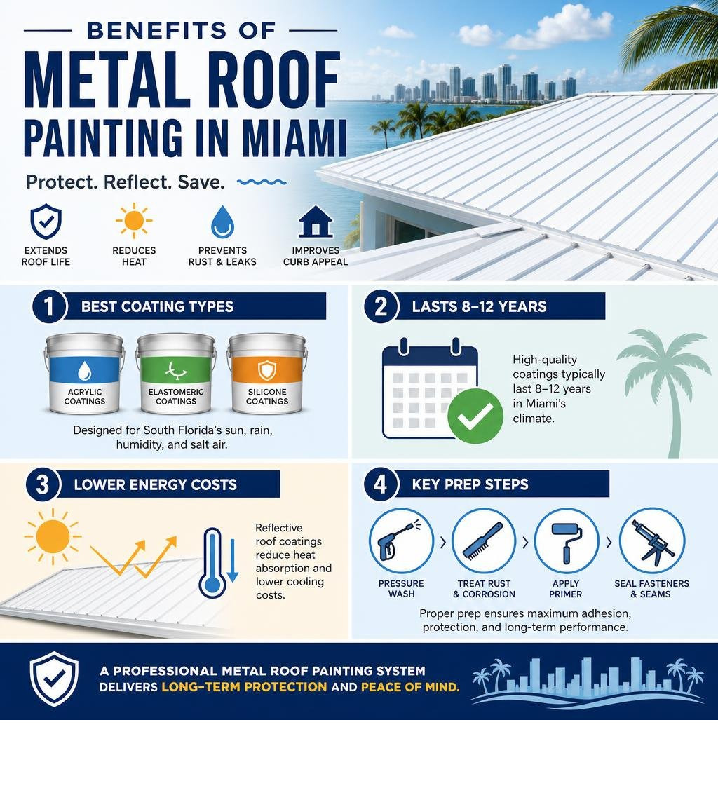 Benefits of metal roof painting in Miami infographic: coating types, lifespan, energy savings, and prep steps infographic