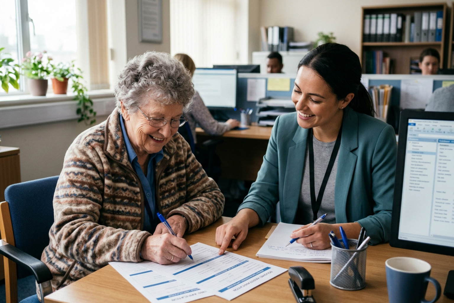 A senior resident smiling while filling out housing paperwork with a supportive case manager A senior resident smiling while filling out housing paperwork with a supportive case manager