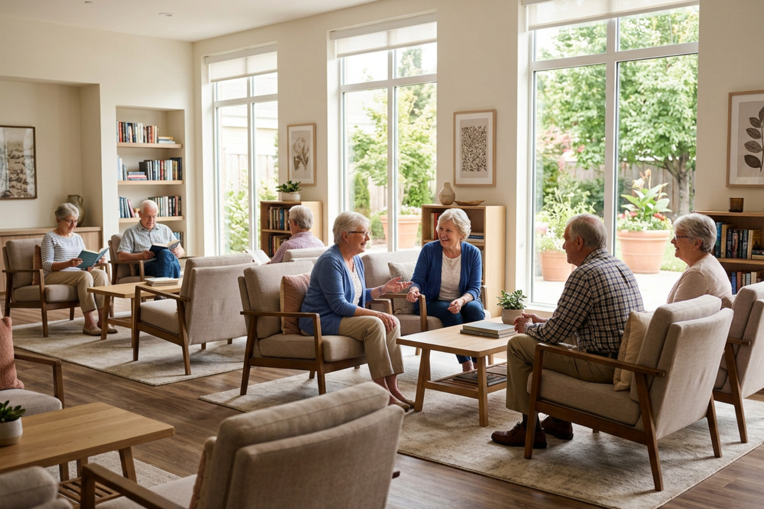 A warm, modern senior community room with comfortable chairs and natural lighting A warm, modern senior community room with comfortable chairs and natural lighting