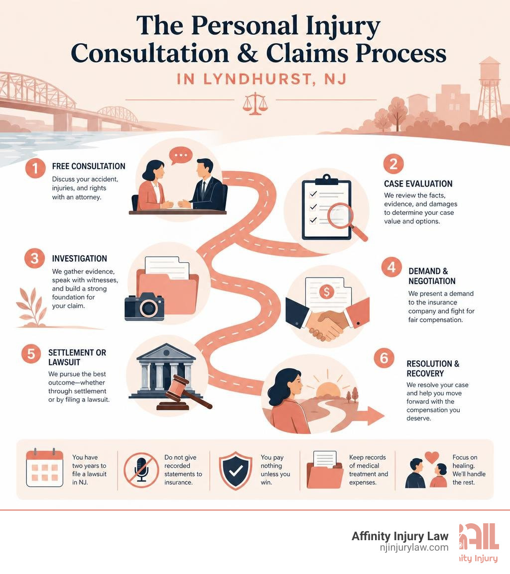 Infographic showing steps in the personal injury consultation and claims process in Lyndhurst NJ infographic