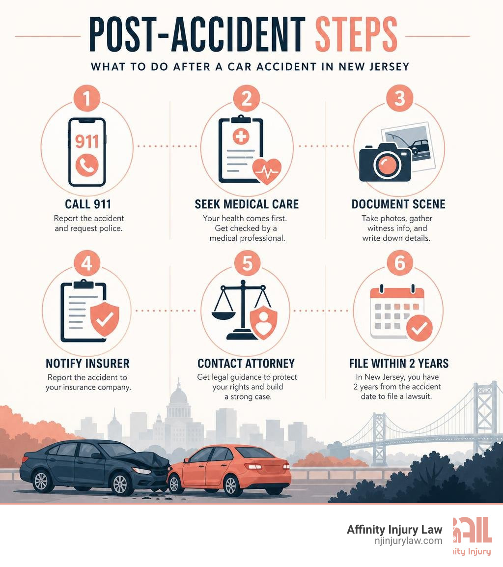 Post-accident steps infographic: call 911, seek medical care, document scene, notify insurer, contact attorney, file within