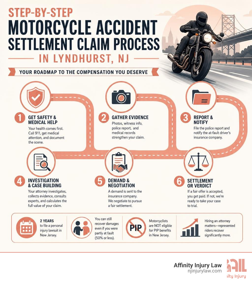 Step-by-step motorcycle accident settlement claim process in Lyndhurst NJ infographic infographic Step-by-step motorcycle accident settlement claim process in Lyndhurst NJ infographic infographic