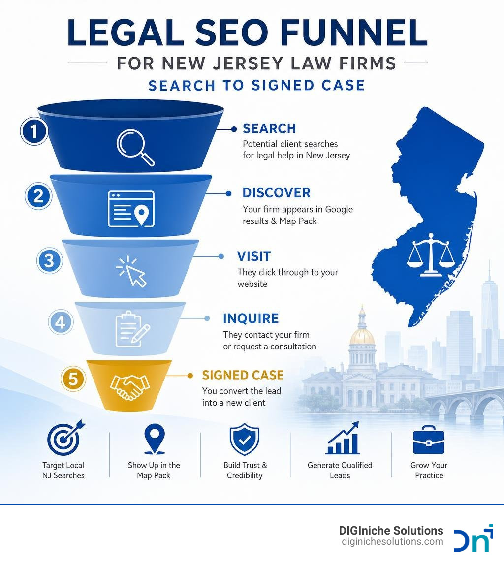 Legal SEO funnel for New Jersey law firms showing search to signed case stages infographic Legal SEO funnel for New Jersey law firms showing search to signed case stages infographic
