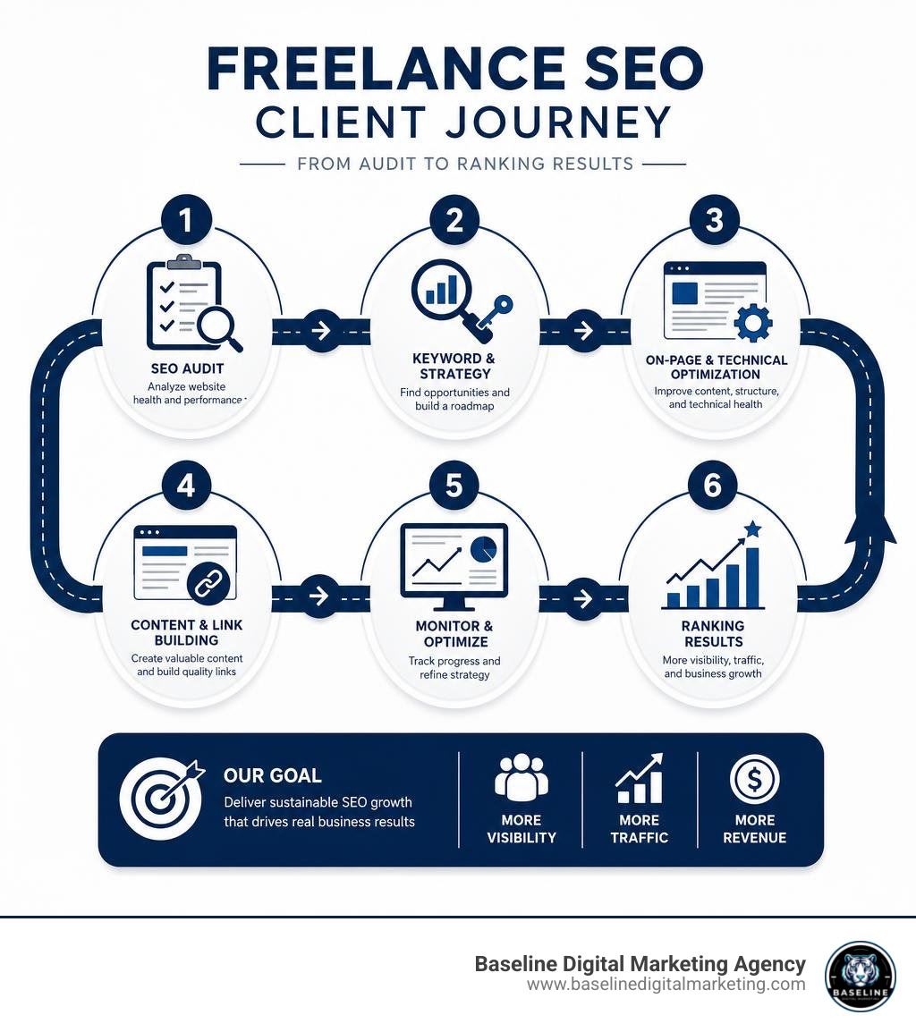 Freelance SEO client journey from audit to ranking results infographic infographic