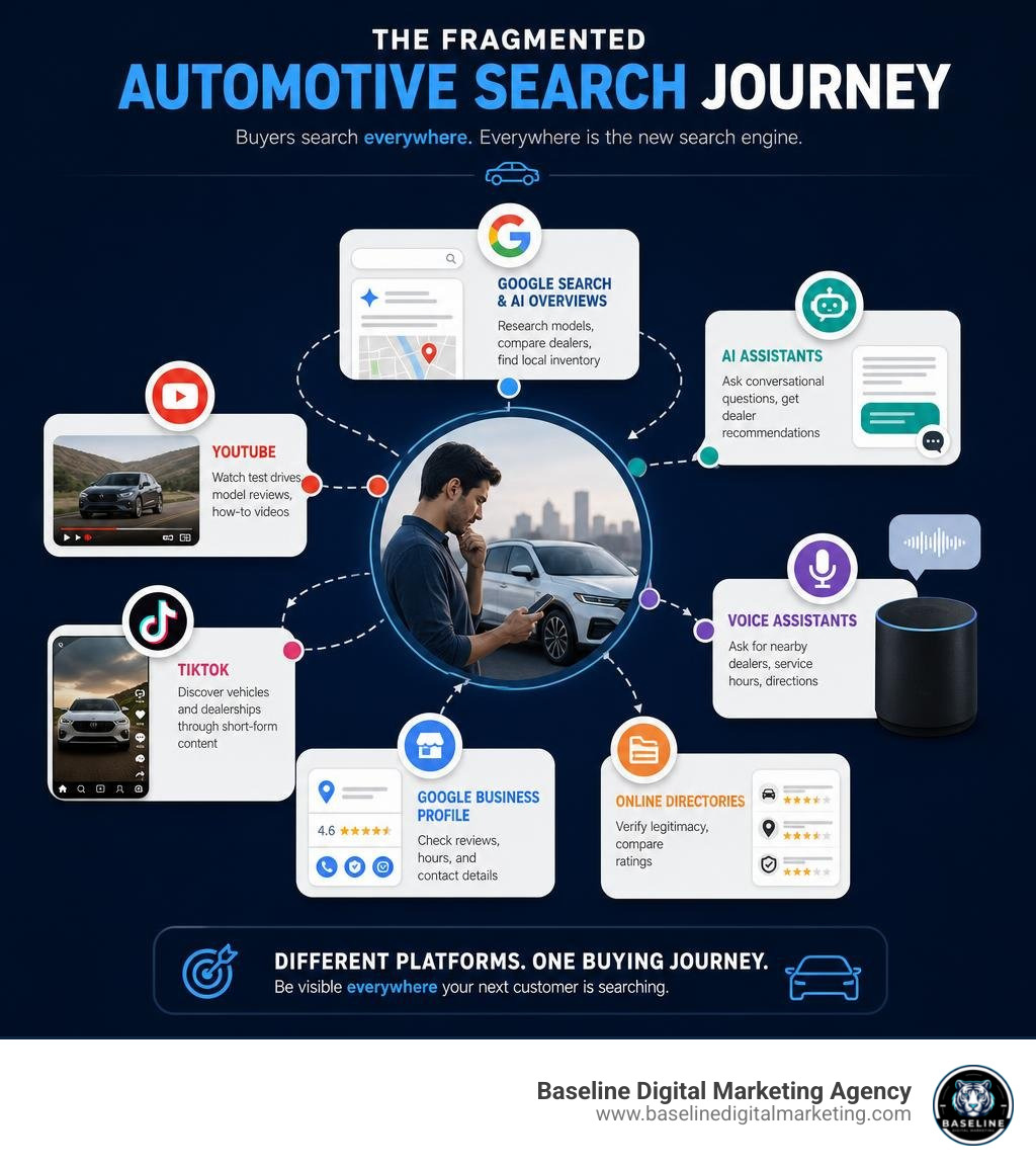 Infographic showing fragmented automotive search journey across Google, AI assistants, YouTube, TikTok, and voice search