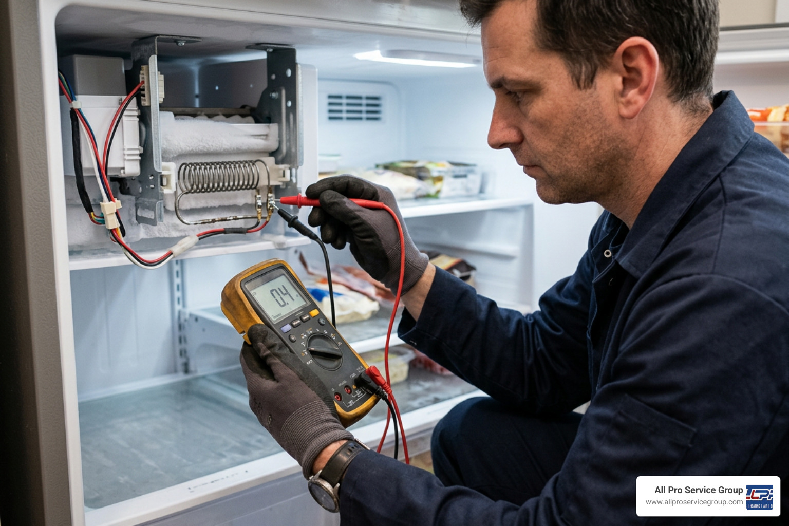 Testing an ice maker heater element with a multimeter to check electrical continuity