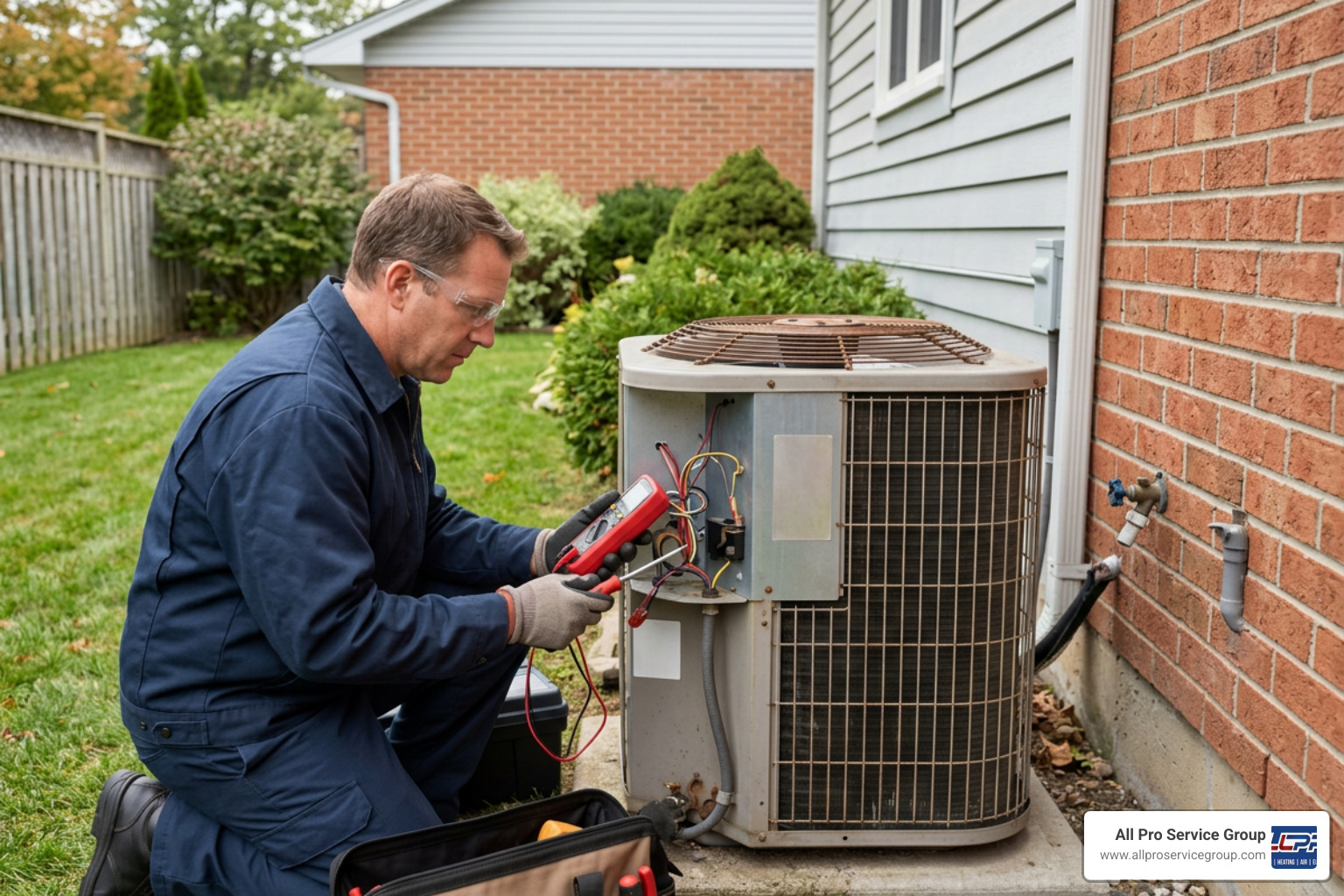 Technician examining electrical components of an outdoor AC condenser unit
