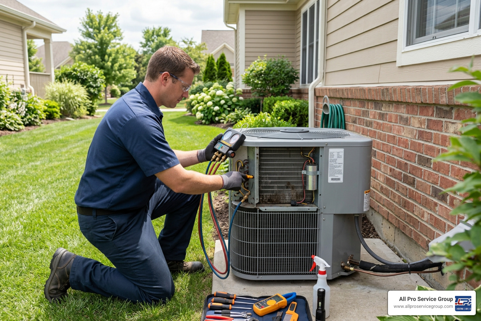 Technician performing professional AC maintenance and tune-up