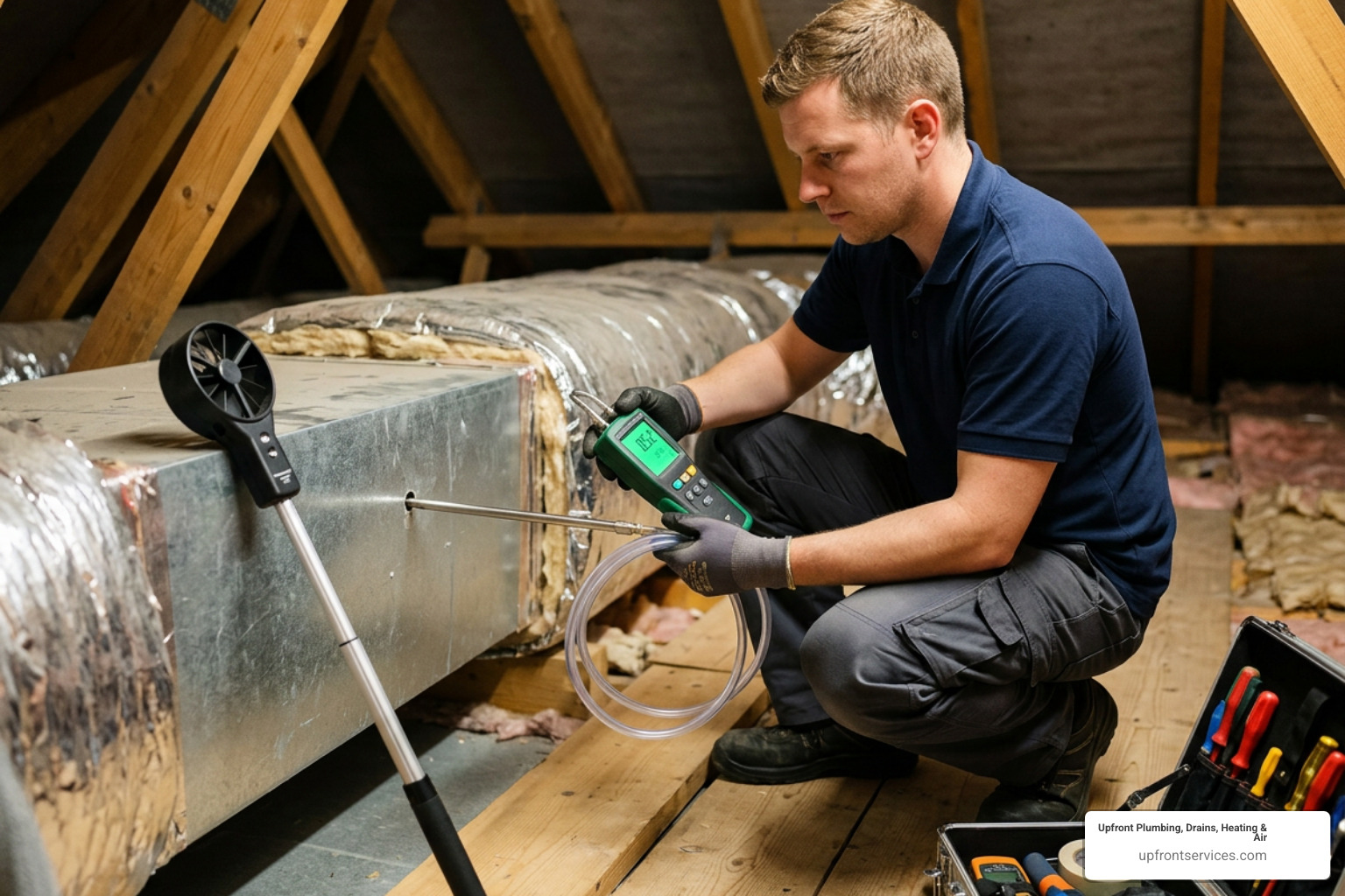 HVAC technician testing airflow and measuring duct pressure HVAC technician testing airflow and measuring duct pressure