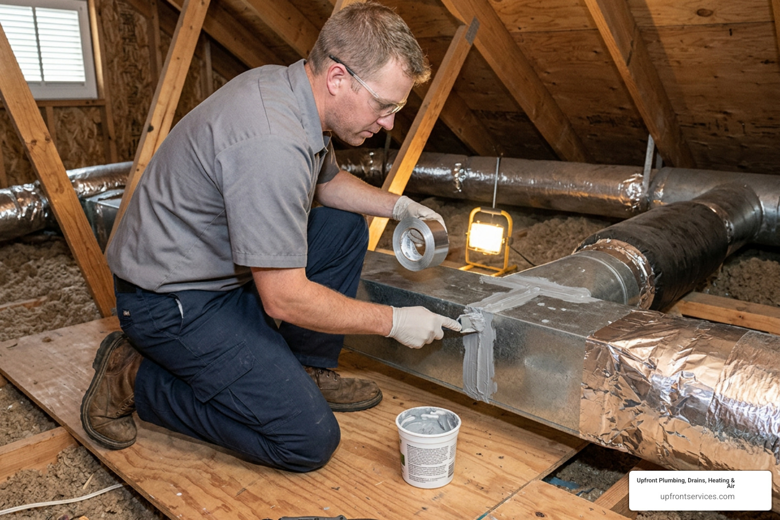 Technician sealing duct joints with mastic sealant and foil tape Technician sealing duct joints with mastic sealant and foil tape