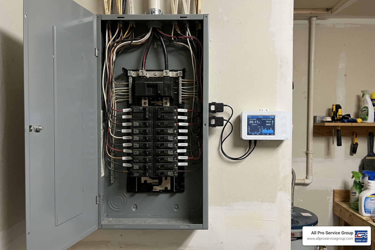 Home electrical service panel with circuit breakers and modern smart home energy monitor Home electrical service panel with circuit breakers and modern smart home energy monitor