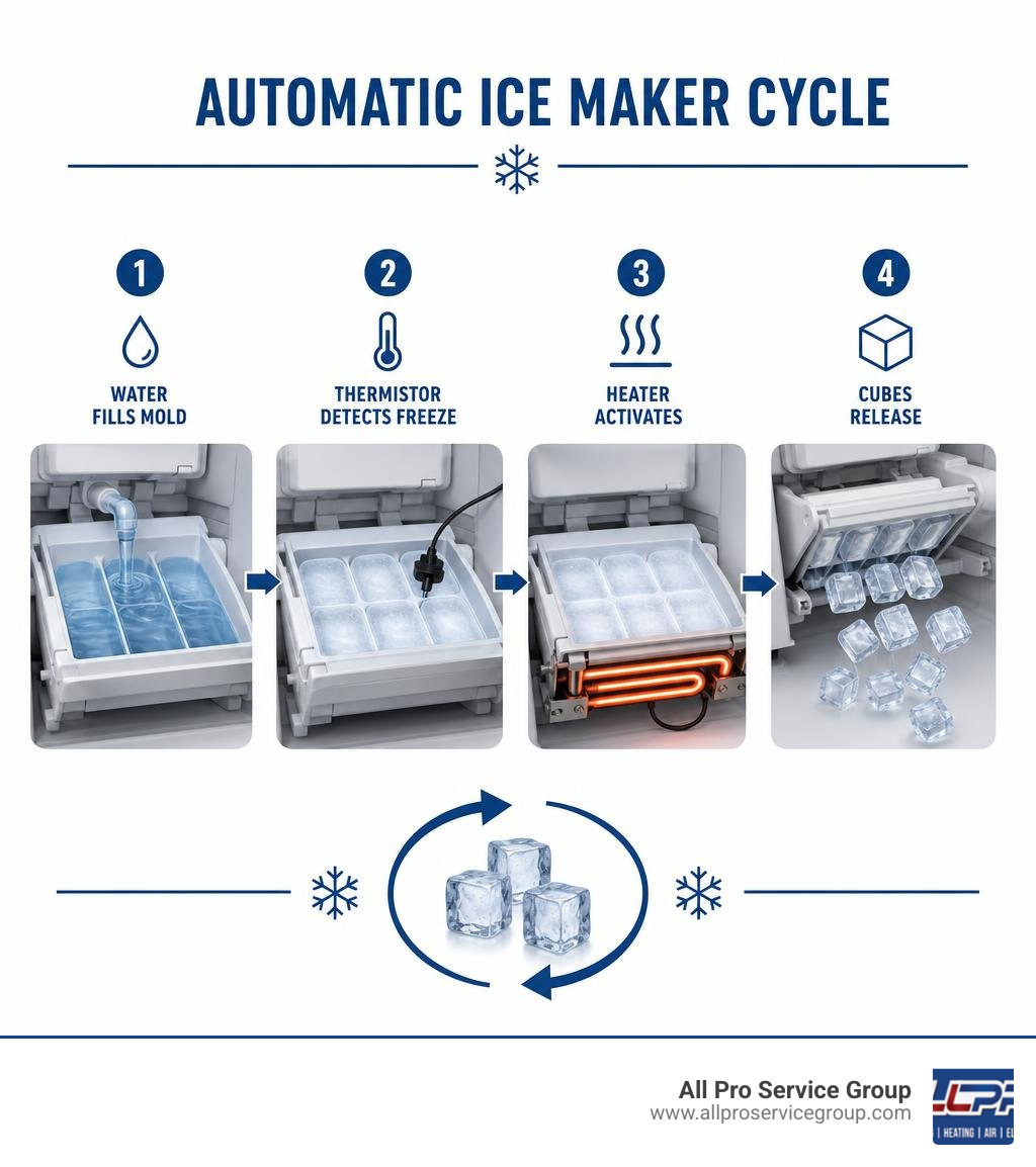Infographic showing the automatic ice maker cycle: water fills mold, thermistor detects freeze, heater activates, cubes