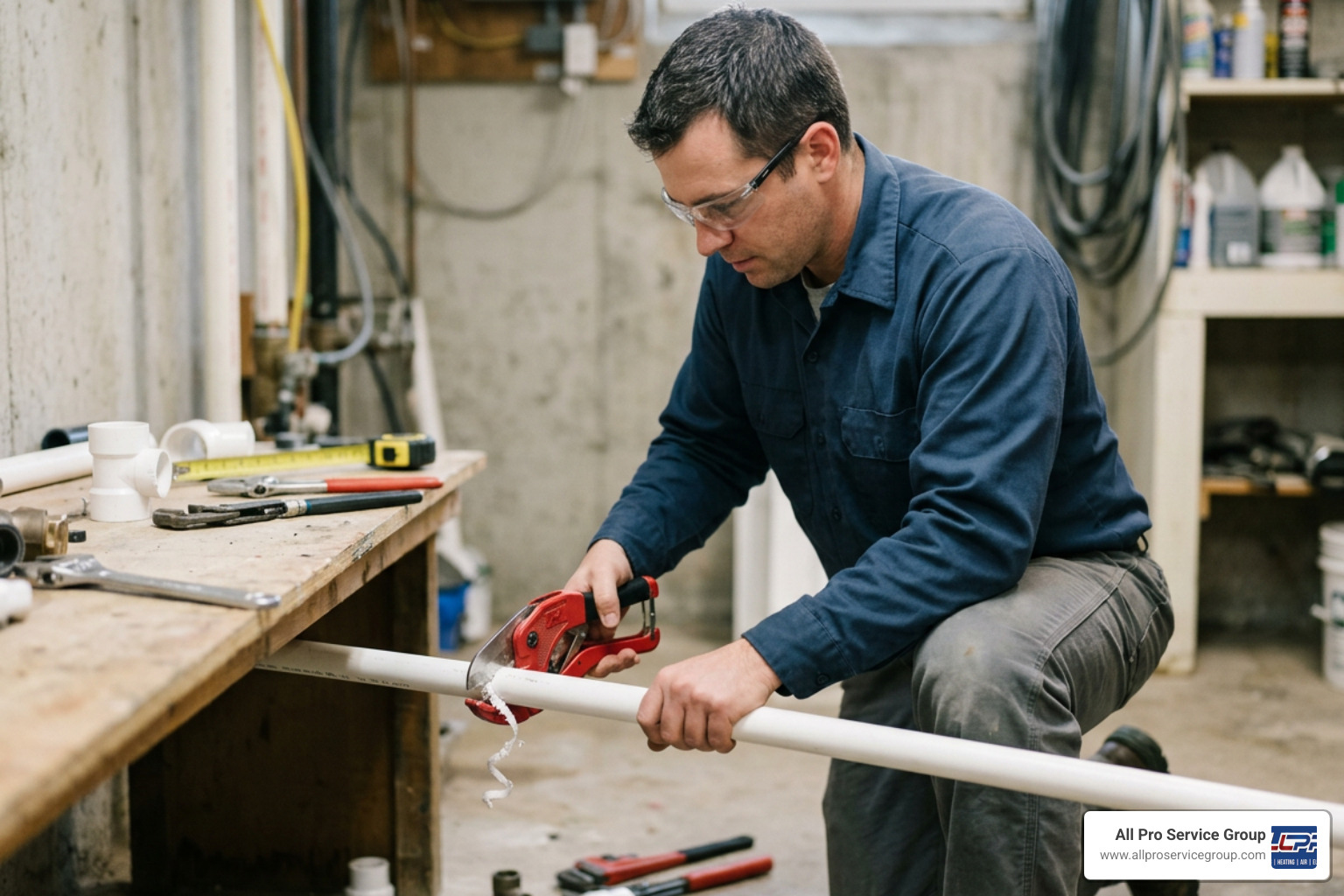 Plumber cutting a PVC pipe with a hand cutter Plumber cutting a PVC pipe with a hand cutter