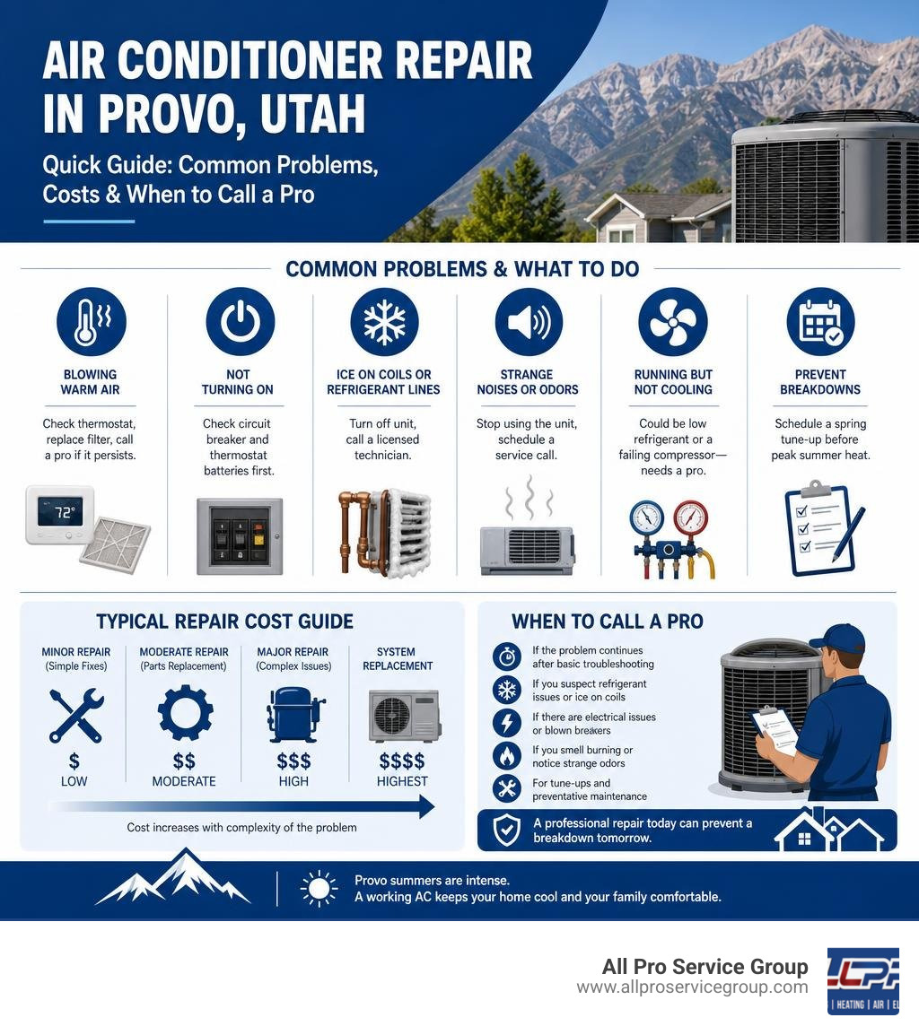 Infographic: Quick guide to air conditioner repair in Provo Utah — common problems, costs, and when to call a pro infographic