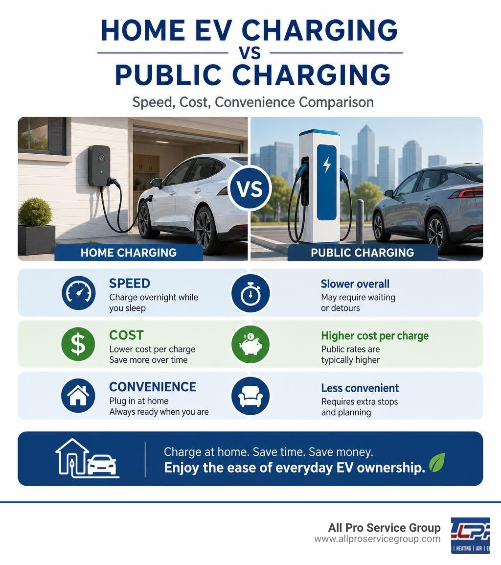 Benefits of home EV charging vs public charging: speed, cost, convenience comparison infographic Benefits of home EV charging vs public charging: speed, cost, convenience comparison infographic