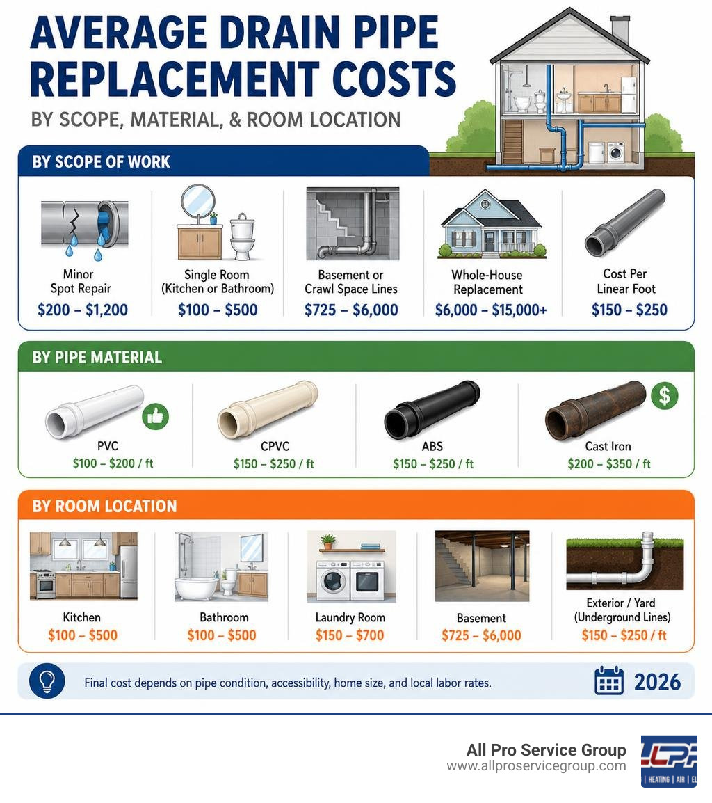 infographic showing average drain pipe replacement costs by scope, material, and room location infographic infographic showing average drain pipe replacement costs by scope, material, and room location infographic