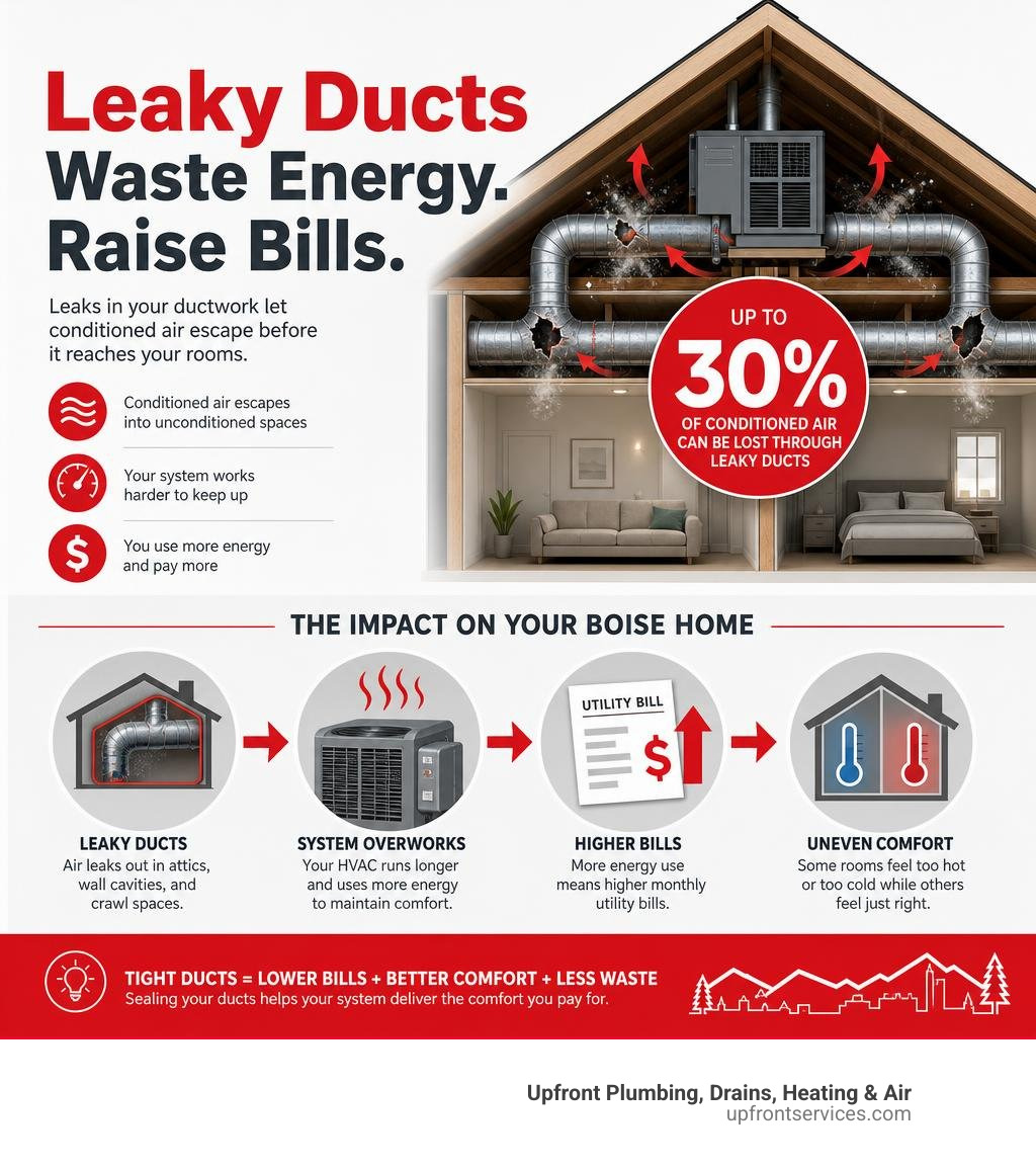 Infographic showing how leaky ducts waste energy and increase utility bills in Boise homes infographic Infographic showing how leaky ducts waste energy and increase utility bills in Boise homes infographic