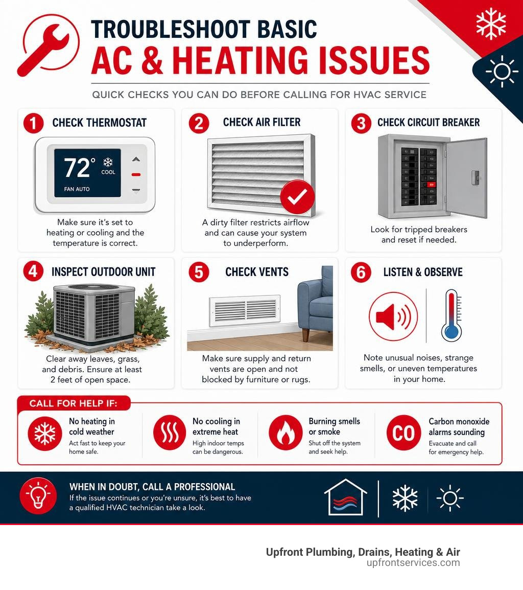 Infographic showing how to troubleshoot basic AC and heating issues before calling for HVAC service infographic