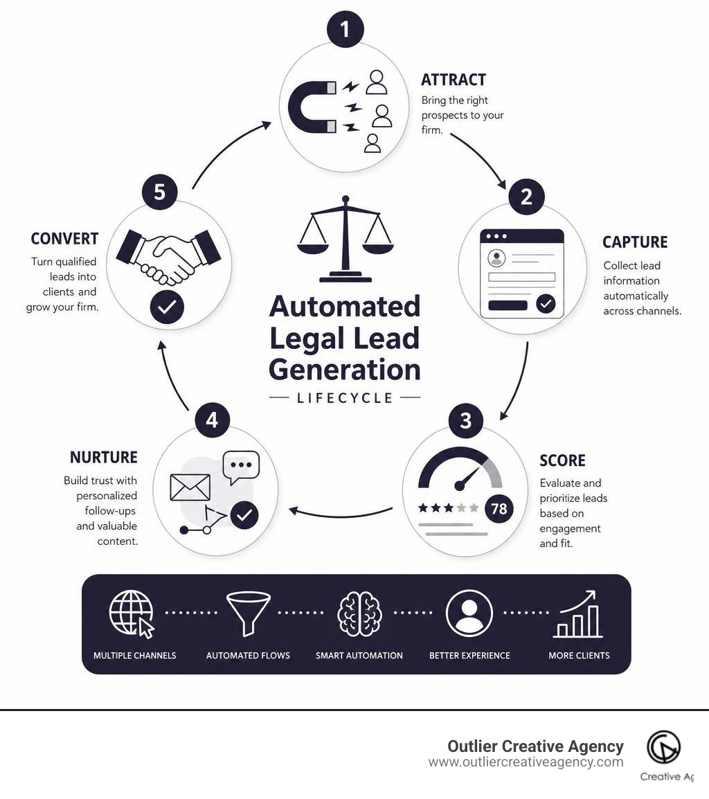 Automated legal lead generation lifecycle: attract, capture, score, nurture, convert infographic